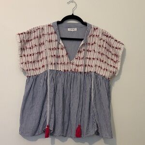 THML Blue and White Striped Blouse with Red Accents